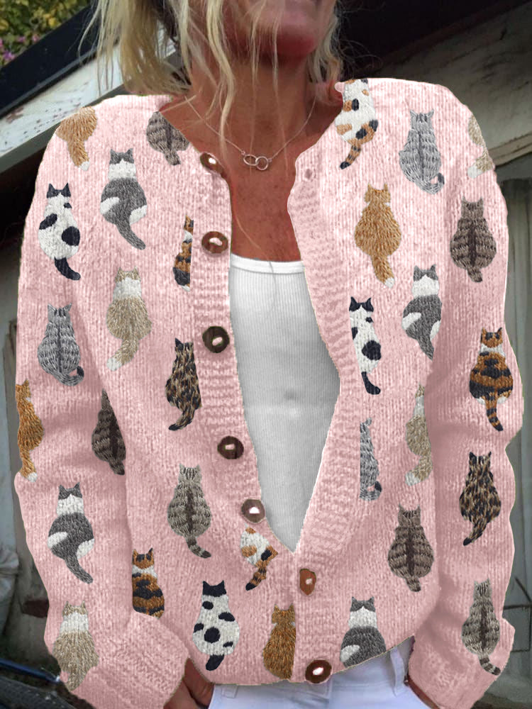 Madeline - Cardigan femme en tricot avec motif félin boutonné