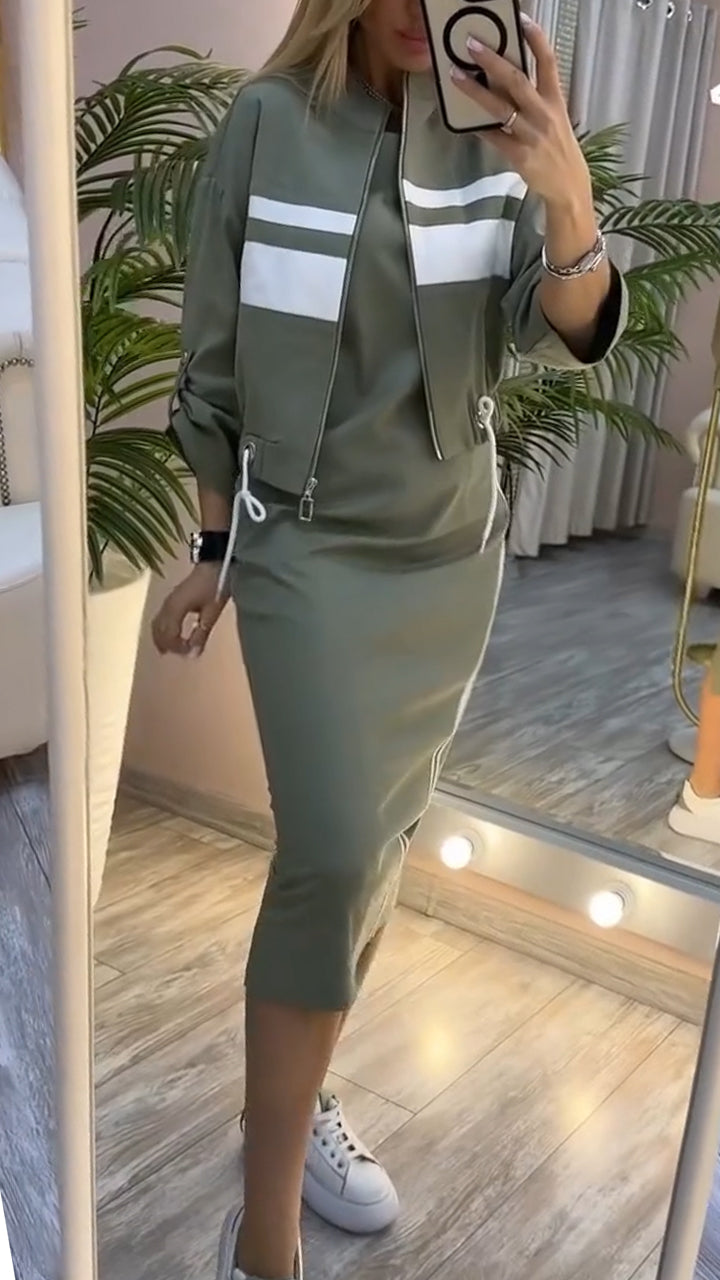 Pravella - Ensemble femme casual-chic avec robe midi à col rond et veste zippée