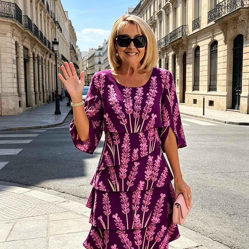Elyvane - Robe femme mi-longue à volants imprimé floral manches fendues