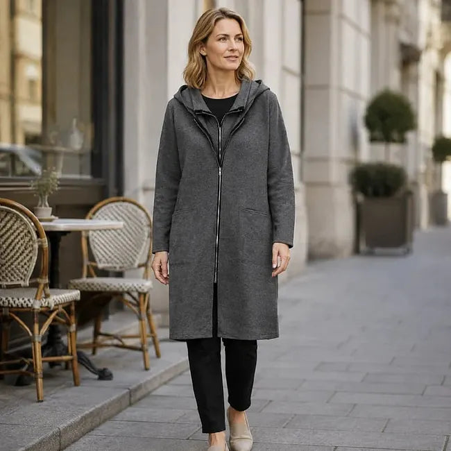 Éléane - Women's mid-length hooded coat with zipper