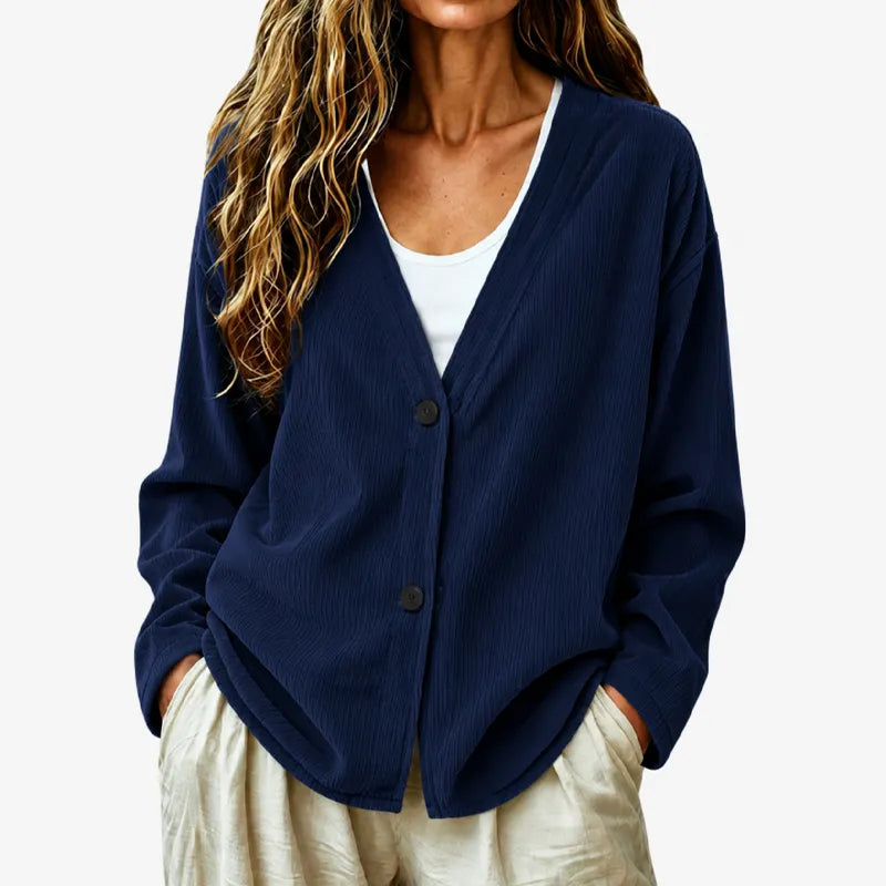 Priscilla - Cardigan femme côtelé à col V coupe ample