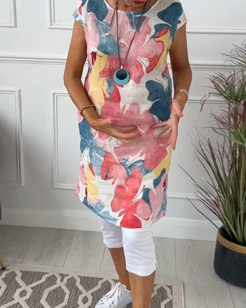 Anita - Robe femme imprimée verte fluide à manches courtes et coupe ample