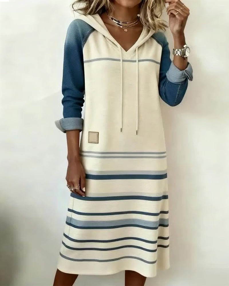 Ceralyn - Robe Décontractée À Capuche Et Motif Rayé Patchwork
