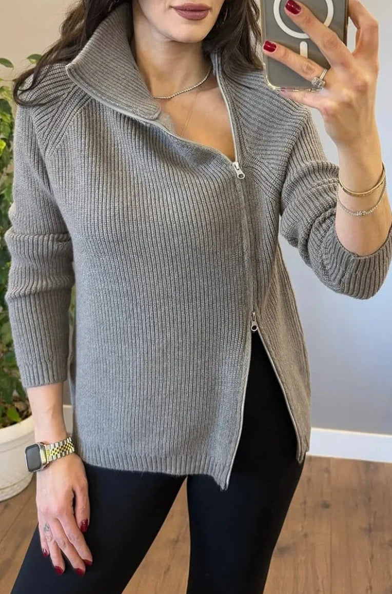 Lucienne - Pull Tricot Asymétrique à Double Fermeture Éclair