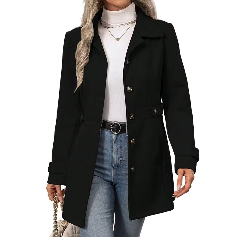 Wilma - Women's belted coat with buttons and elegant lapel collar