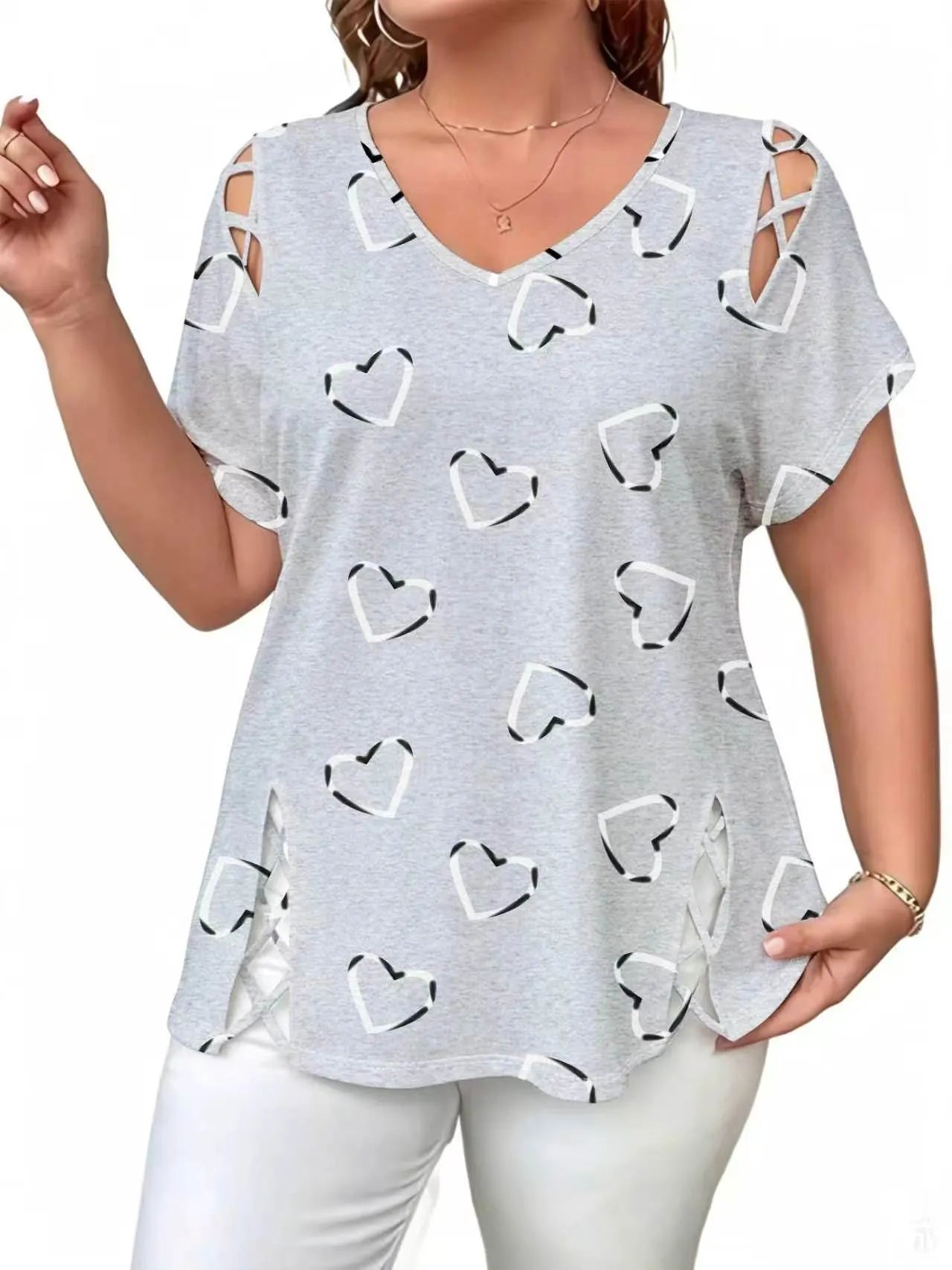 Elowra - Blouse femme col V avec imprimé cœurs