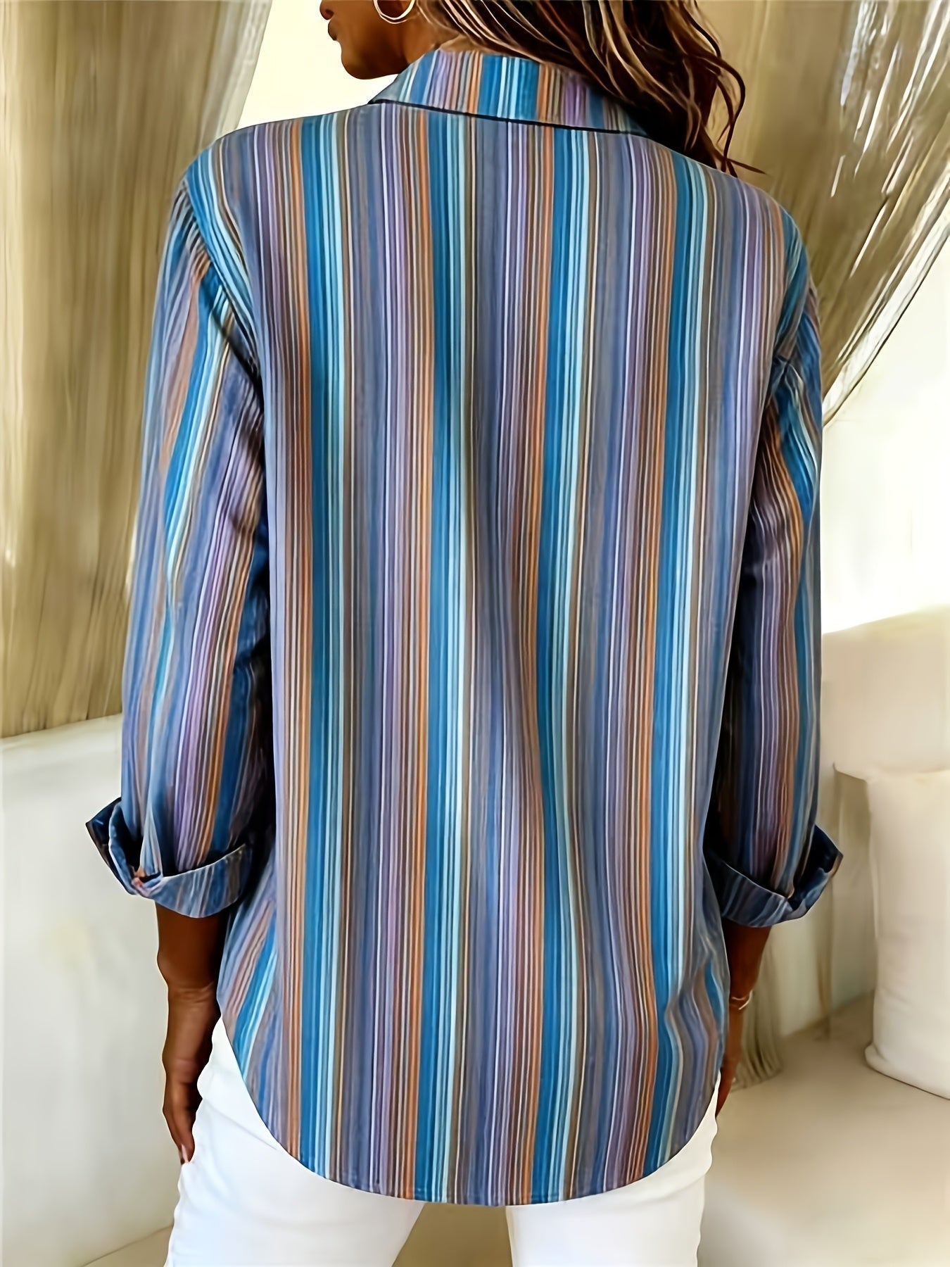 Qirexa - Chemise Femme Rayures Verticales Coupe Ample Boutonnée Style Décontracté