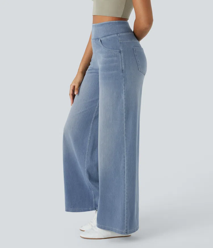 Ruvessa - Jean femme taille haute jambe large très extensible coupe moderne