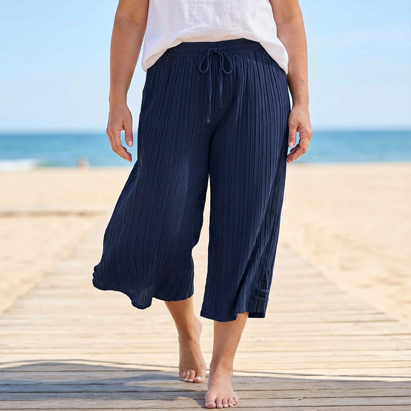 Cyntra - Pantalon Femme Coton Lin Jambes Larges Taille Confort Coupe Fluide