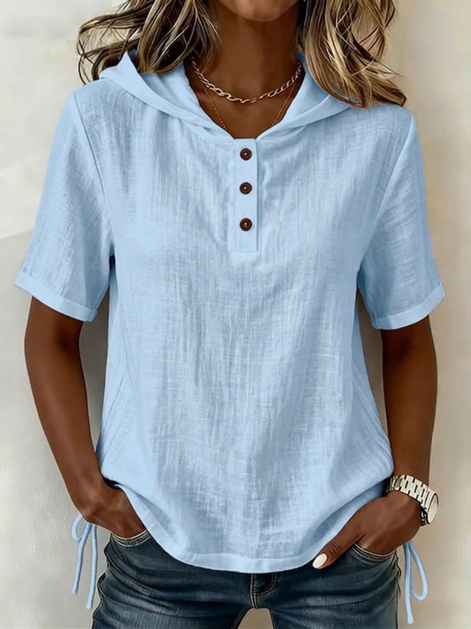 Aevrixa - Top femme à capuche fluide manches courtes boutons col ouvert style casual