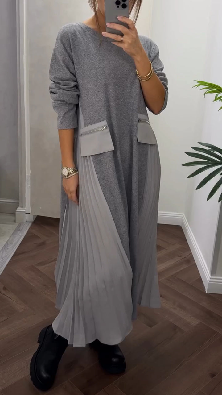 Isenelle - Robe Plissée Décontractée à Col Rond et Poches