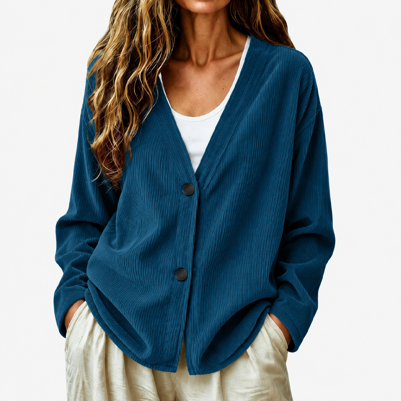 Priscilla - Cardigan femme côtelé à col V coupe ample