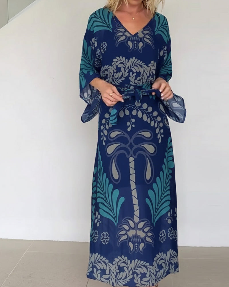 Praxellea - Robe bohème femme maxi ample col V imprimé feuilles élégant