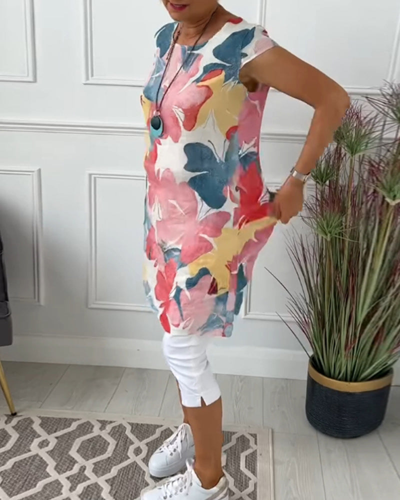 Anita - Robe femme imprimée verte fluide à manches courtes et coupe ample