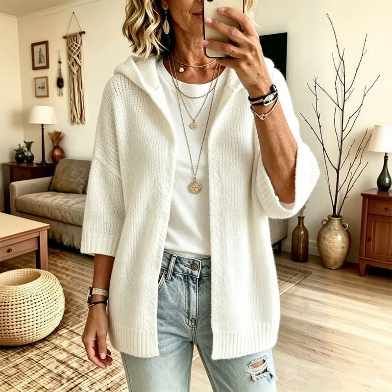 Mabel - Cardigan en tricot femme ample à capuche manches 3/4