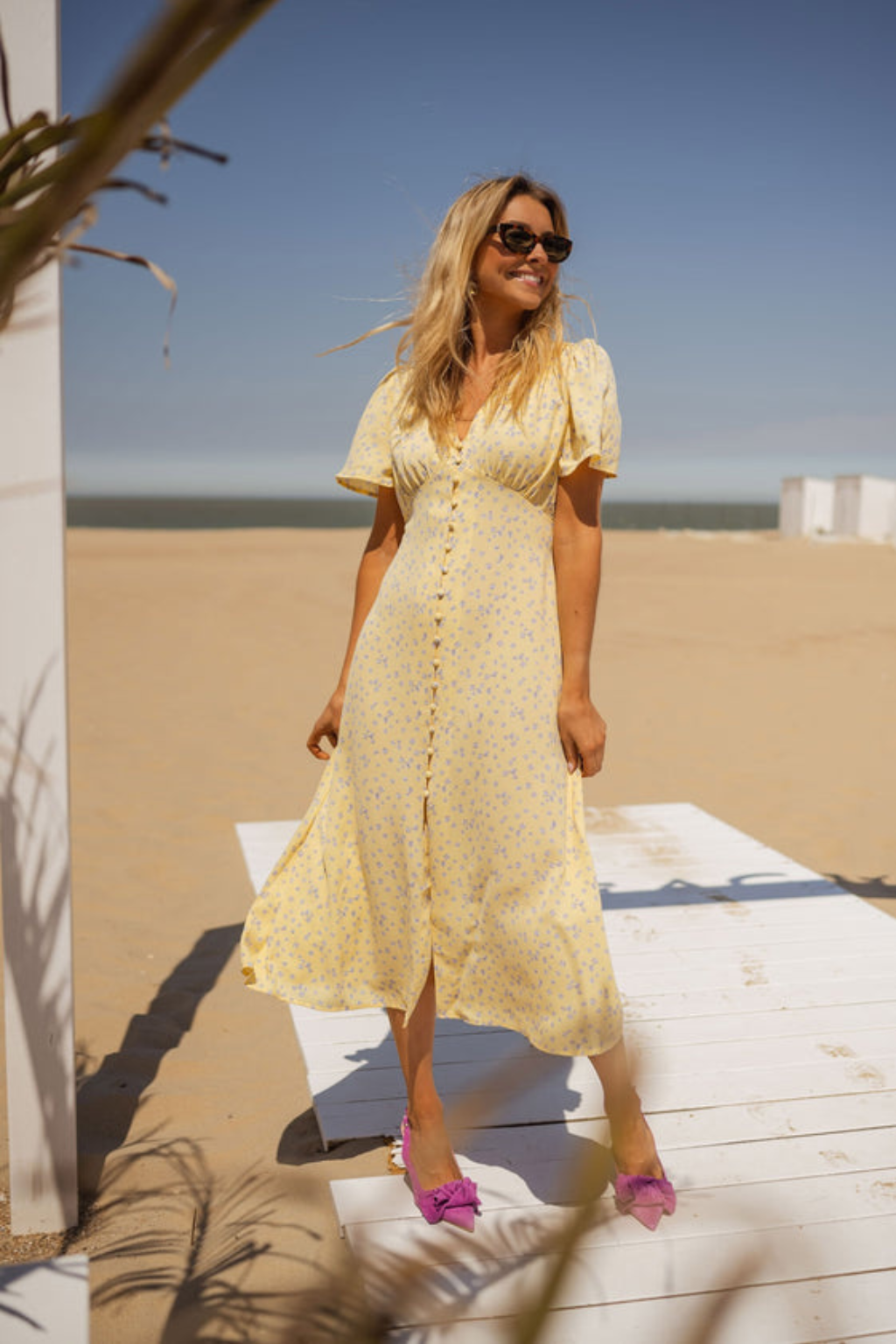 Belvessa - Robe midi femme rose à imprimé floral et col V