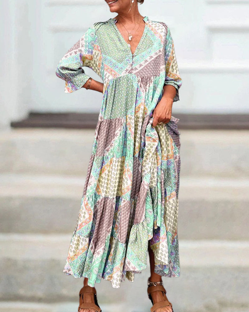 Quinna - Robe maxi colorée à imprimé color block et manches 3/4