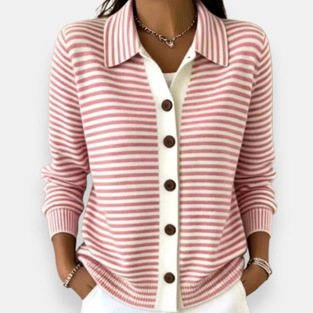 Lauriane - Cardigan femme rayé boutonné avec col classique
