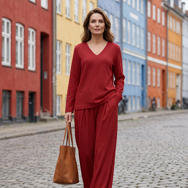 Sovalyne - Ensemble femme décontracté à col en V et pantalon large fluide