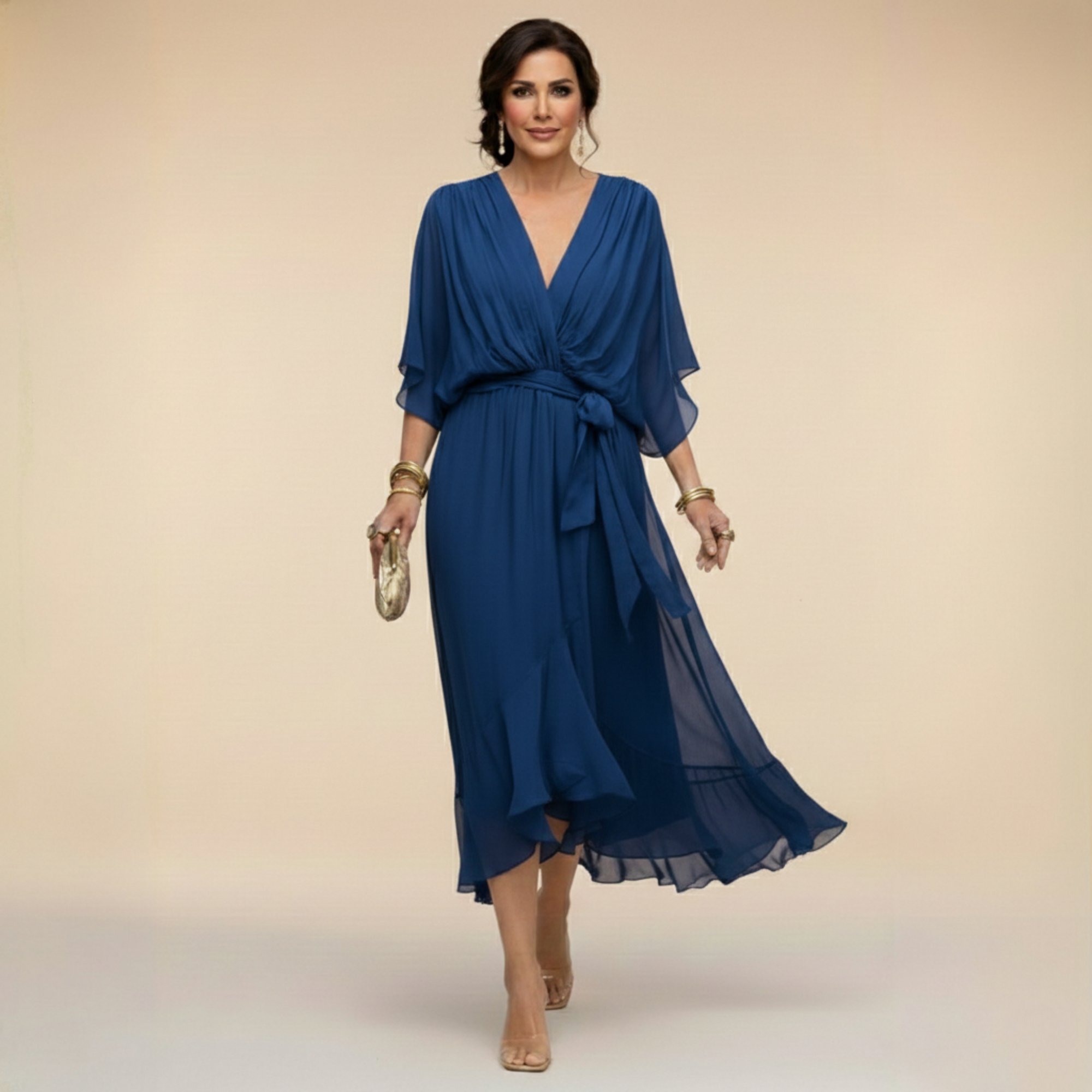 Lazira - Robe femme midi fluide col V manches amples ceinture élégante