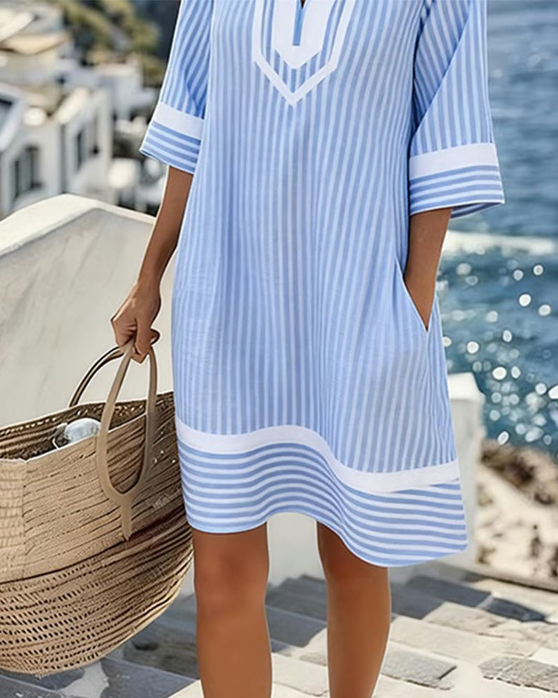 Telyxa - Robe Femme Rayures Fluide Col V Style Estival