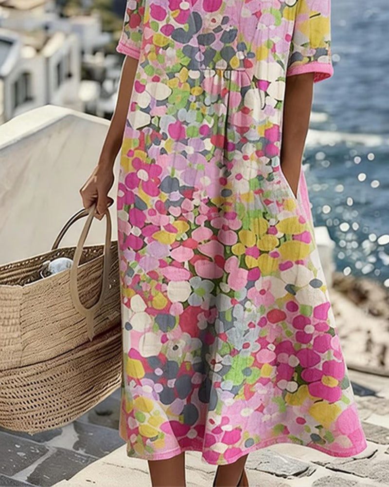 Averixa - Robe femme mi-longue imprimé floral abstrait coton lin été