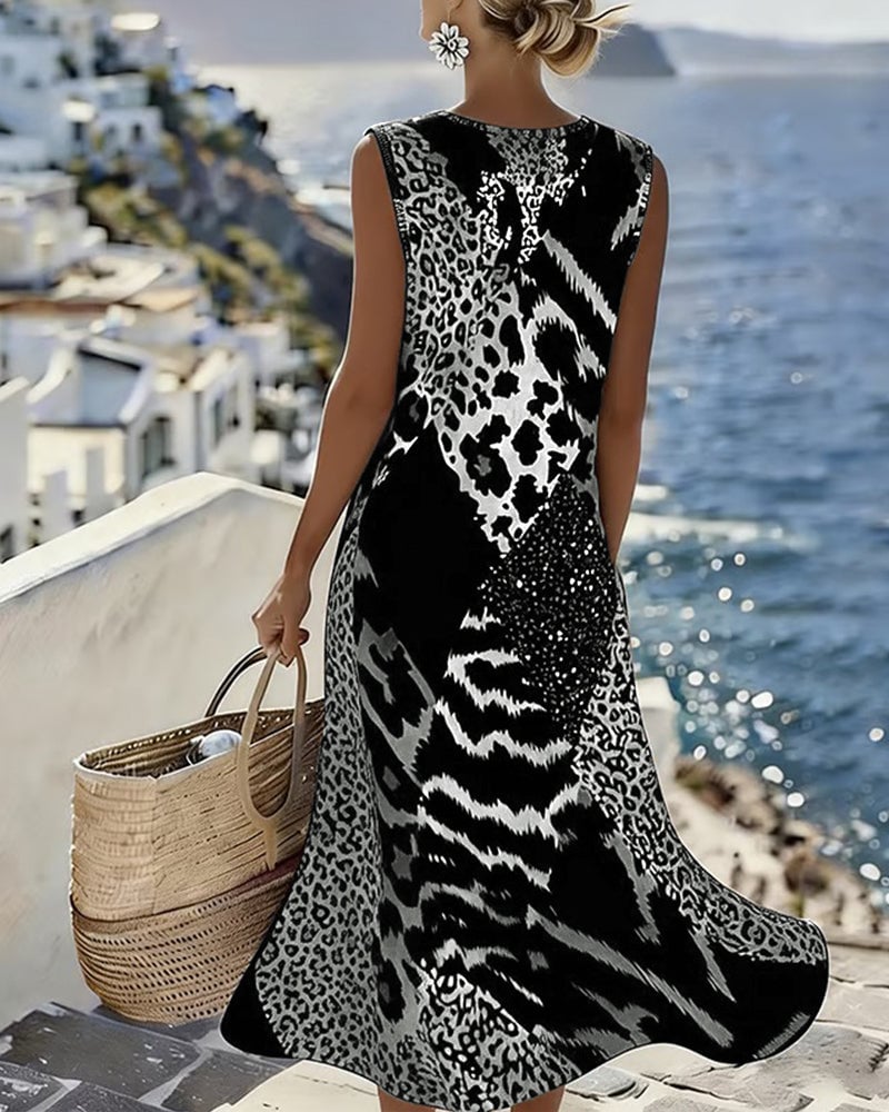 Larethi - Robe Longue Patchwork Léopard Sans Manches