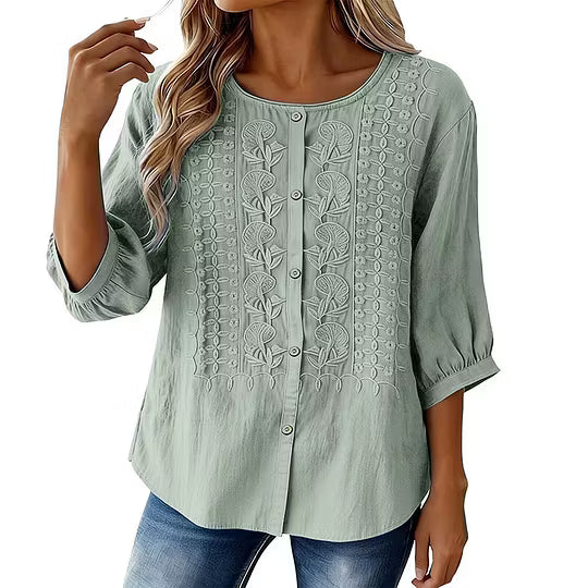 Sorivelle - Blouse brodée femme en coton et lin à manches 3/4