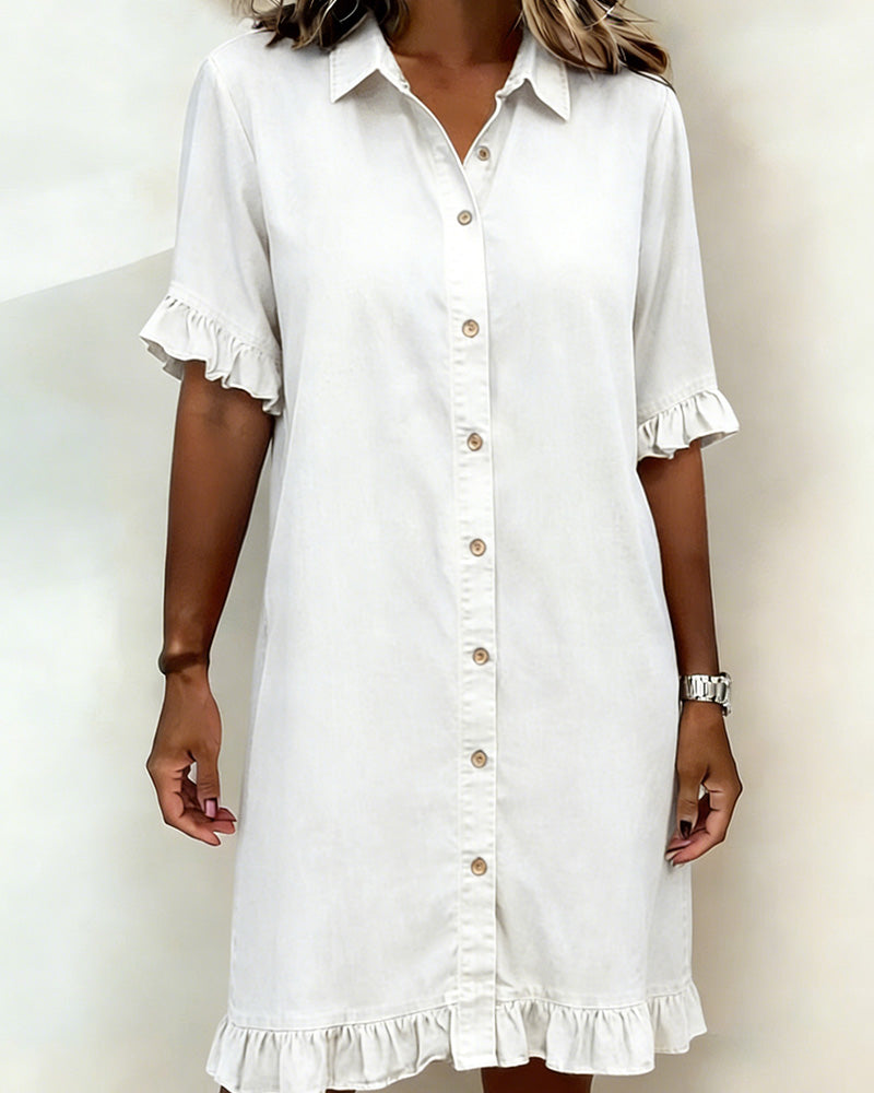 Glytha - Robe Femme Denim Boutonnée Manches Volants Coupe Droite Décontractée