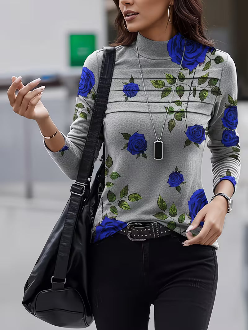 Tineke - Women's high-neck floral long-sleeve top