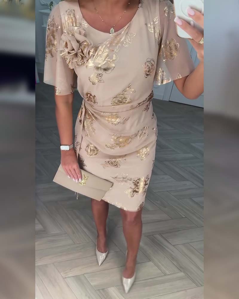 Dorevina - Robe femme élégante imprimée florale avec manches courtes et taille ajustée