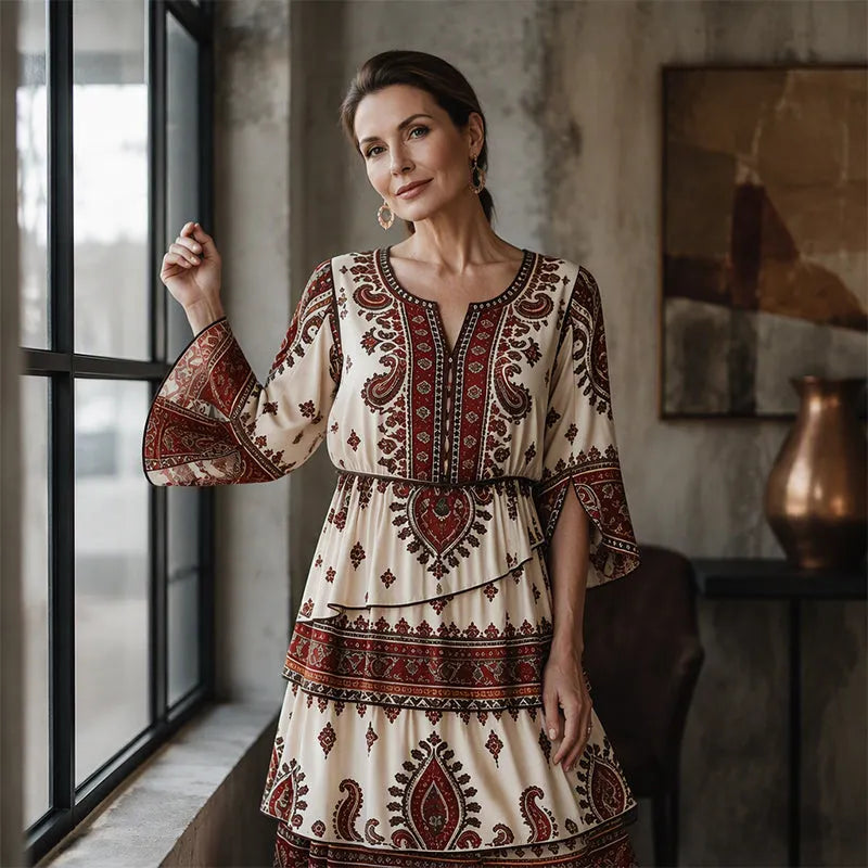 Ramona - Robe femme bohème à volants avec imprimé ethnique