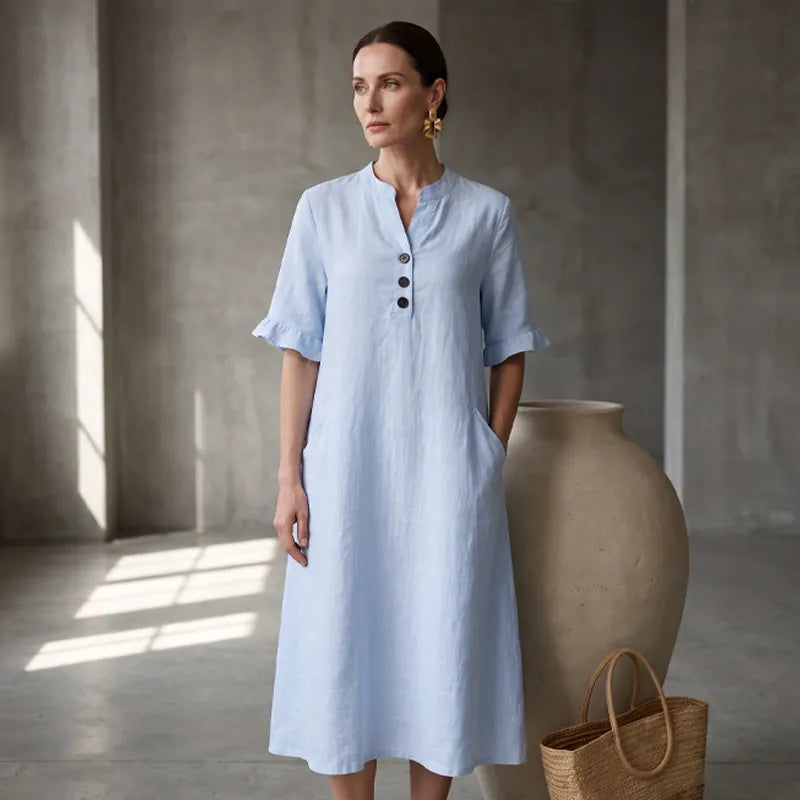 Soreya - Robe midi femme en coton-lin avec boutons