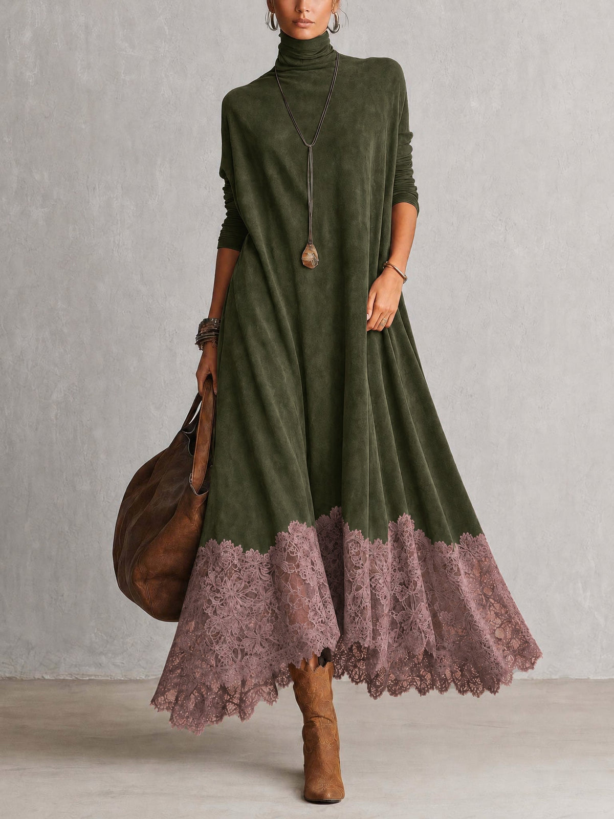 Gonneke - Robe femme longue effet suédé avec dentelle