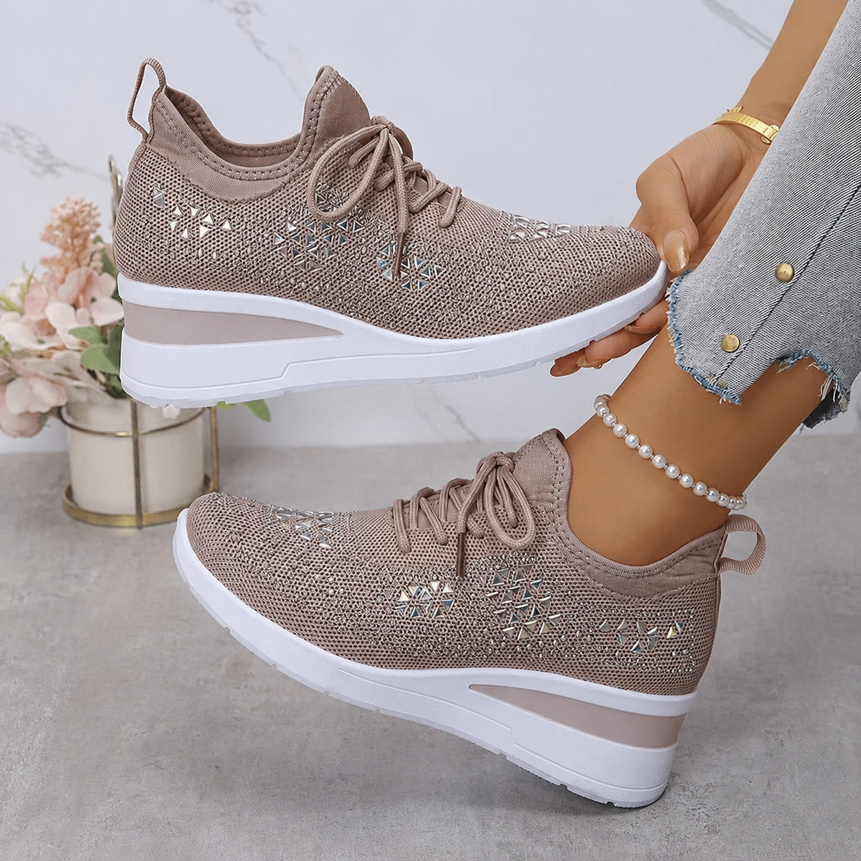 Esmeralda - Baskets femme compensées scintillantes avec maille respirante