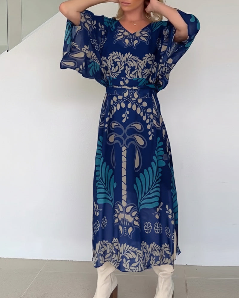 Praxellea - Robe bohème femme maxi ample col V imprimé feuilles élégant