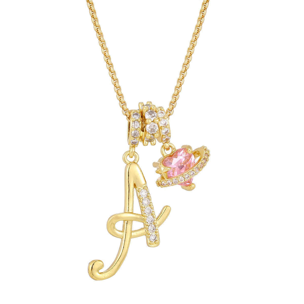 Carmelle - Collier Initiale Avec Cœur Rose Brillant