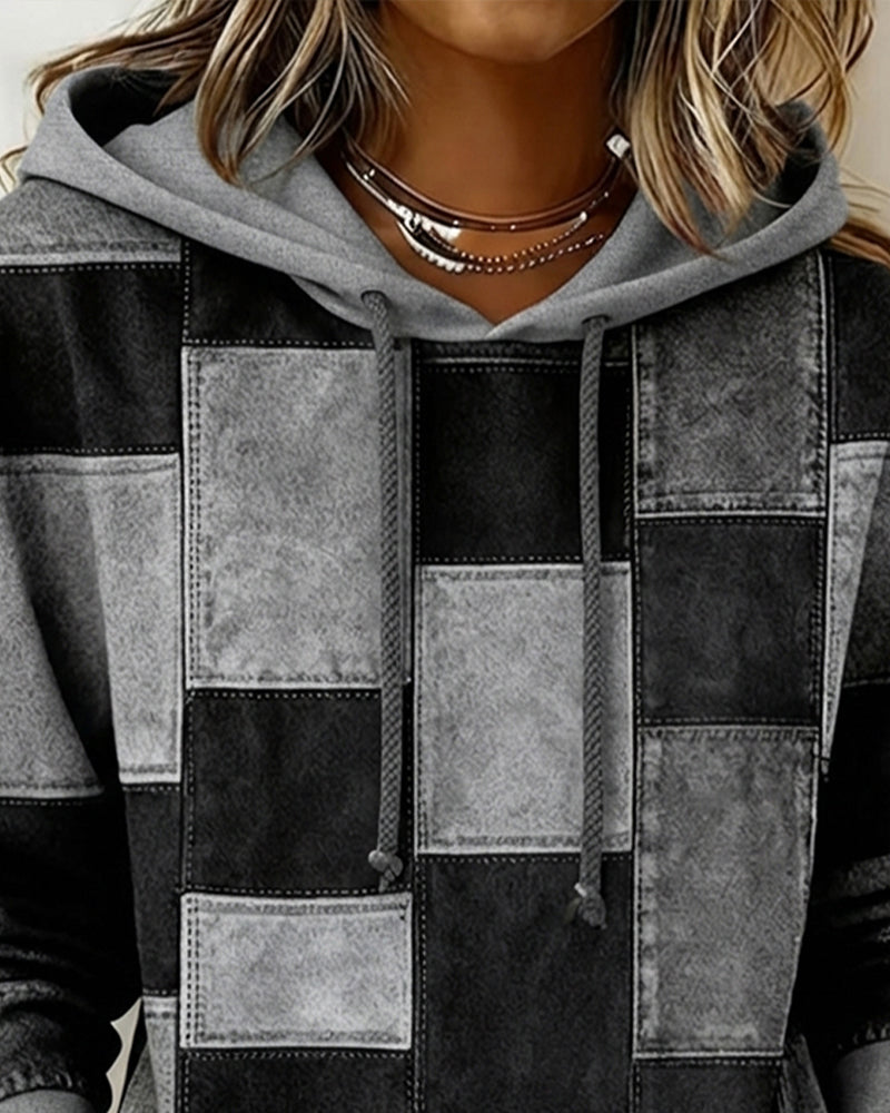 Gwenarissa - Sweat à Capuche Patchwork Denim Moderne