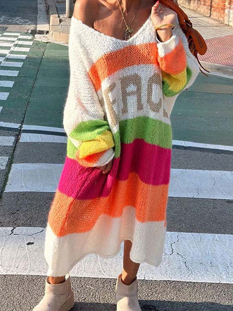 Elviana - Robe Pull en Cachemire à Blocs de Couleurs