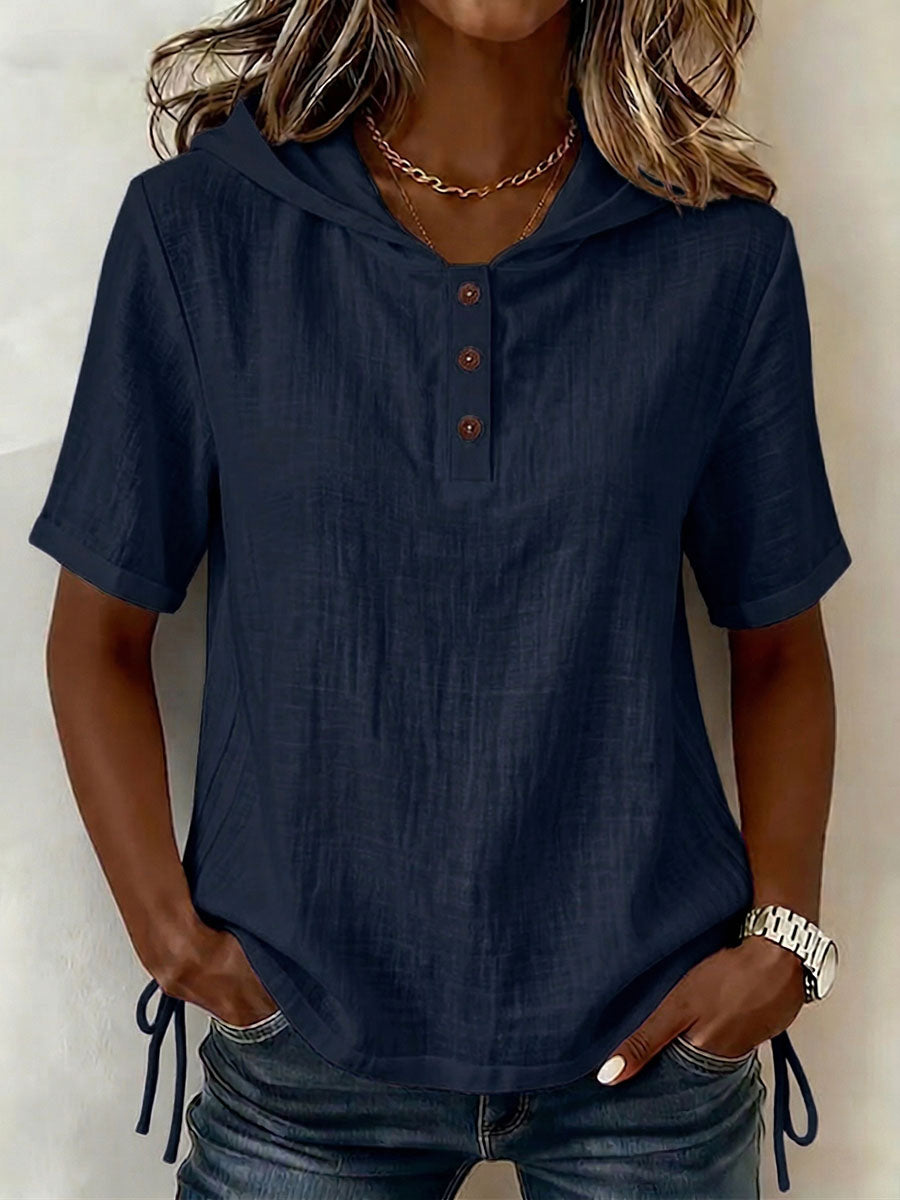 Aevrixa - Top femme à capuche fluide manches courtes boutons col ouvert style casual