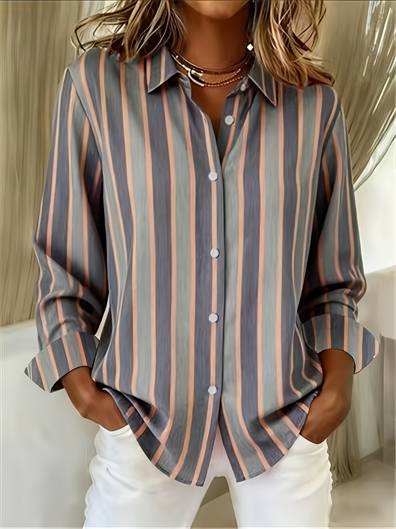 Qirexa - Chemise Femme Rayures Verticales Coupe Ample Boutonnée Style Décontracté