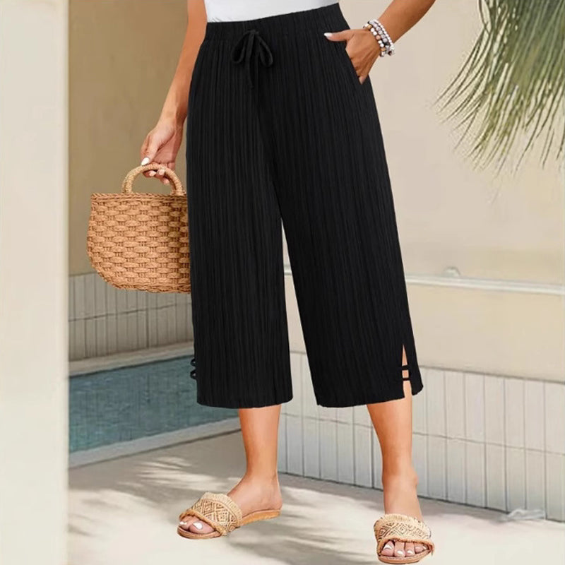 Cyntra - Pantalon Femme Coton Lin Jambes Larges Taille Confort Coupe Fluide