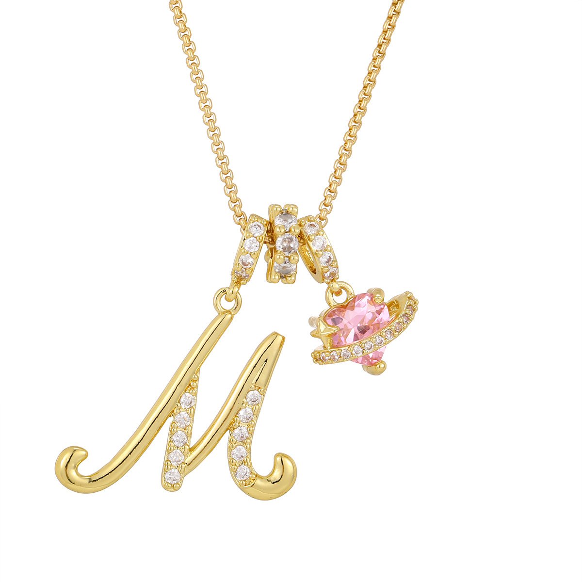 Carmelle - Collier Initiale Avec Cœur Rose Brillant
