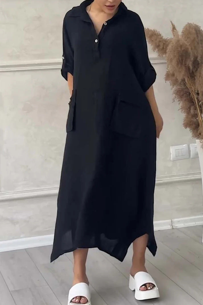 Leontine - Robe maxi femme en lin et coton avec revers