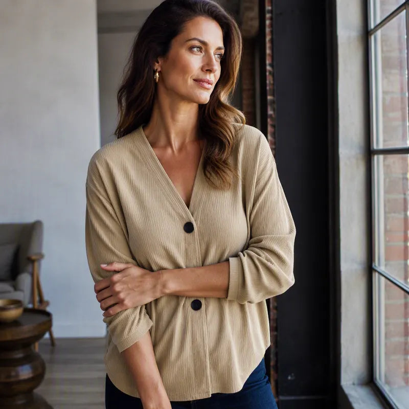 Priscilla - Cardigan femme côtelé à col V coupe ample