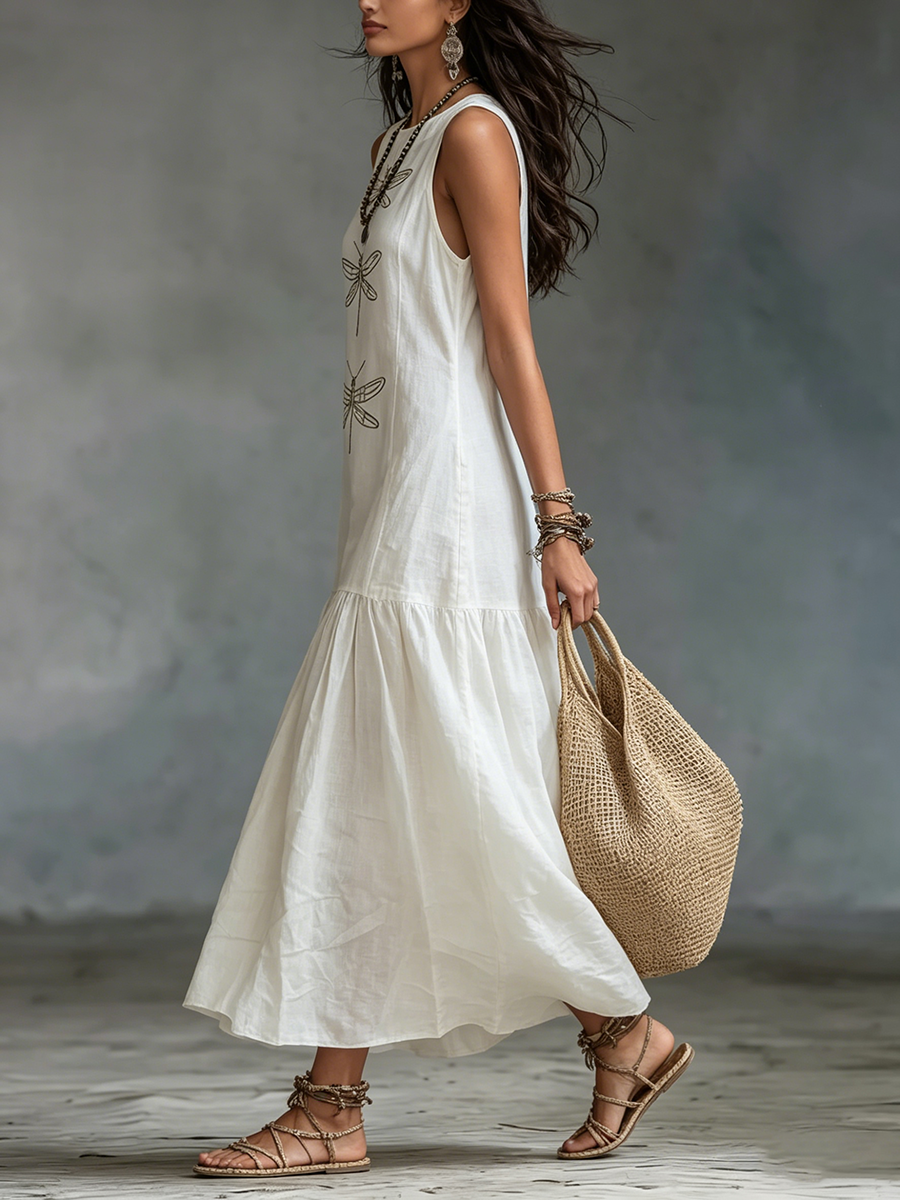 Nireliah - Robe longue femme coton lin sans manches motif libellule