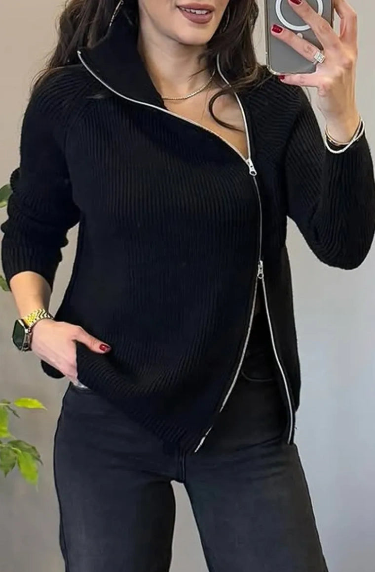 Lucienne - Pull Tricot Asymétrique à Double Fermeture Éclair