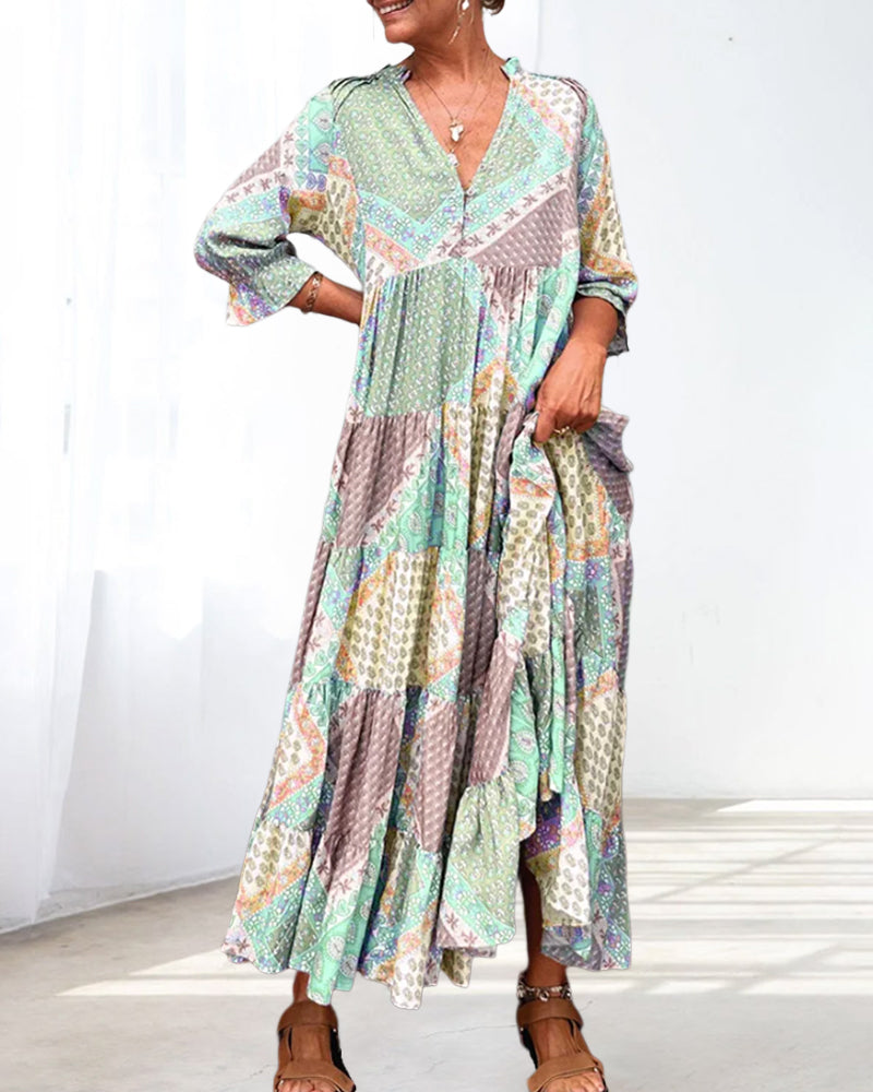 Quinna - Robe maxi colorée à imprimé color block et manches 3/4