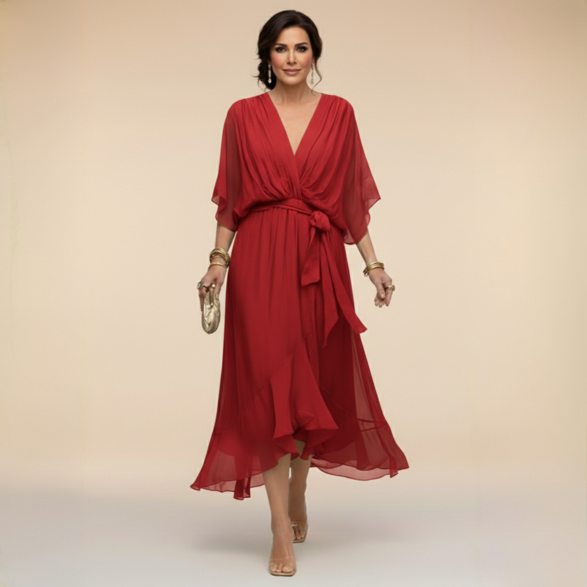 Lazira - Robe femme midi fluide col V manches amples ceinture élégante