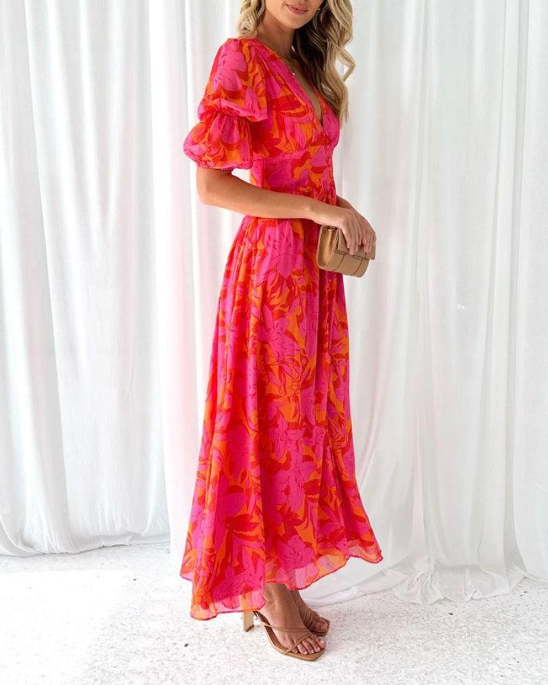 Izzora - Robe femme longue fluide imprimée col V manches courtes élégante